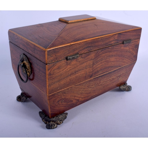 656 - AN ANTIQUE ROSEWOOD TWO DIVISION TEA CADDY with brass feet. 20 cm x 14 cm.