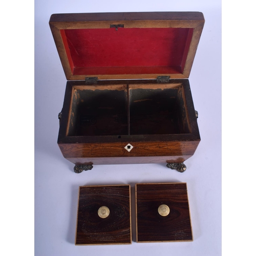 656 - AN ANTIQUE ROSEWOOD TWO DIVISION TEA CADDY with brass feet. 20 cm x 14 cm.