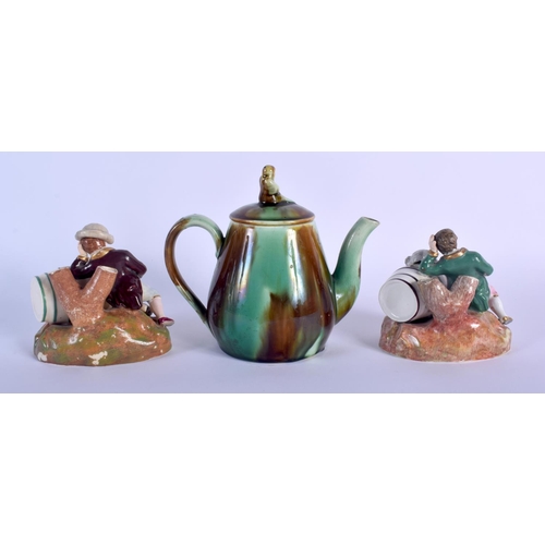 66 - A 19TH CENTURY MINTON MAJOLICA TEAPOT AND COVER together with a pair of English porcelain inkwells i... 