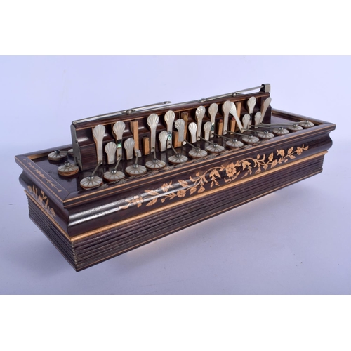 661 - AN ANTIQUE WALNUT INLAID CONCERTINA TYPE INSTRUMENT. 40 cm x 15 cm.