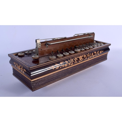 661 - AN ANTIQUE WALNUT INLAID CONCERTINA TYPE INSTRUMENT. 40 cm x 15 cm.