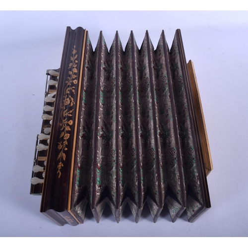 661 - AN ANTIQUE WALNUT INLAID CONCERTINA TYPE INSTRUMENT. 40 cm x 15 cm.