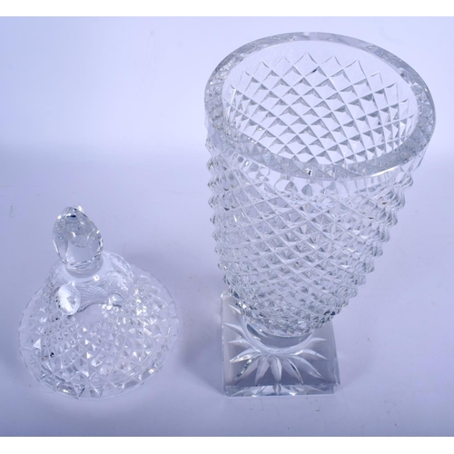 662 - A LARGE FRENCH BACCARAT CUT CRYSTAL GLASS VASE AND COVER of tapering pineapple type form. 41 cm high... 