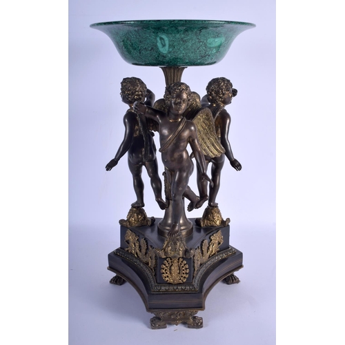 664 - A GOOD LARGE MID 19TH CENTURY FRANCO RUSSIAN BRONZE AND MALACHITE CENTREPIECE formed as three winged... 