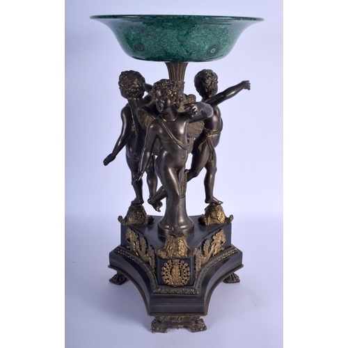 664 - A GOOD LARGE MID 19TH CENTURY FRANCO RUSSIAN BRONZE AND MALACHITE CENTREPIECE formed as three winged... 