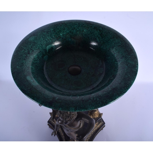 664 - A GOOD LARGE MID 19TH CENTURY FRANCO RUSSIAN BRONZE AND MALACHITE CENTREPIECE formed as three winged... 