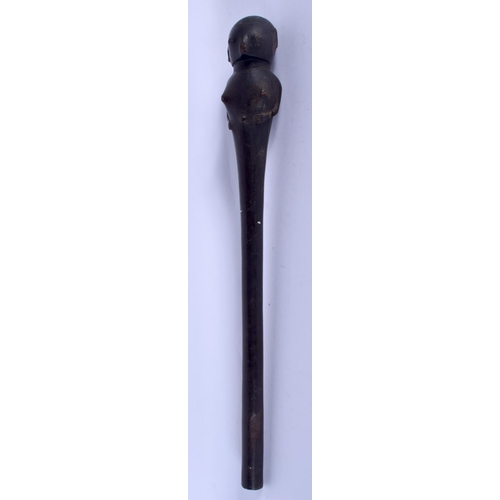 665 - AN ANTIQUE AFRICAN CARVED HARDWOOD TRIBAL FERTILITY SCEPTRE with figural terminal. 42 cm long.