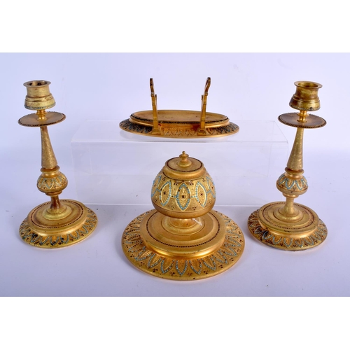 668 - AN ANTIQUE TURQUOISE JEWELLED CANDLESTICKS together with an inkwell and another. Largest 20 cm high.... 