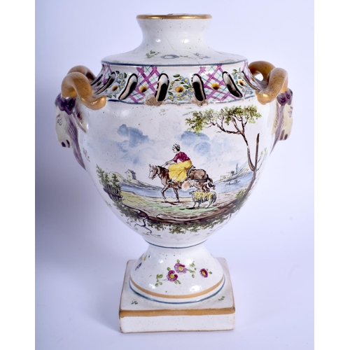 67 - AN 18TH/19TH CENTURY FRENCH LILLE POTTERY VASE together with three prattware plates. Largest 21 cm x... 