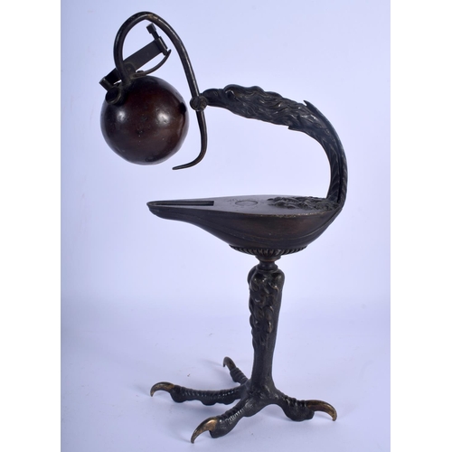 675 - A RARE 19TH CENTURY ITALIAN GRAND TOUR BRONZE OIL LAMP formed as a claw and bird holding a circular ... 