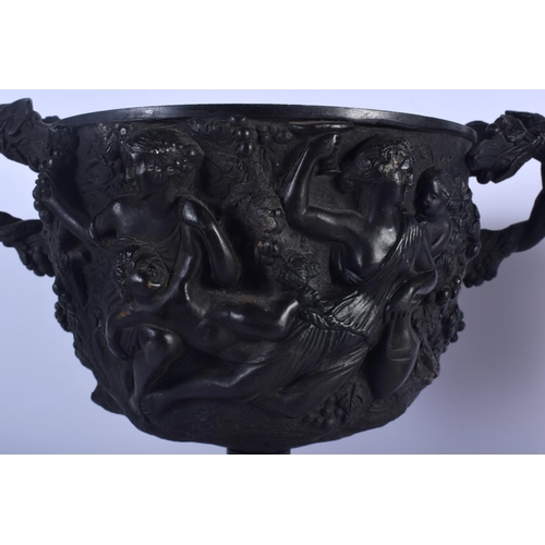 680 - A LARGE PAIR OF 19TH CENTURY EUROPEAN TWIN HANDLED BRONZE URNS decorated in relief with figures. 34 ... 