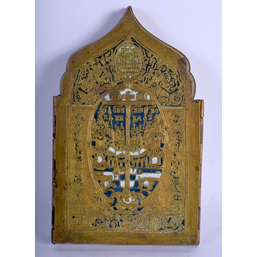 684 - A RARE ANTIQUE RUSSIAN ENAMELLED BRASS FOLDING FOUR FOLD SCREEN. 40 cm x 17 cm.