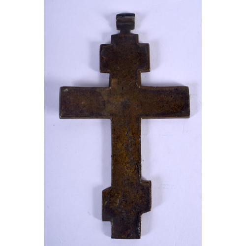 694 - AN EARLY 18TH CENTURY RUSSIAN ORTHODOX ENAMELLED BRONZE CRUCIFIX. 15 cm x 7 cm.