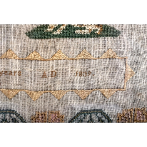 696 - AN EARLY 19TH CENTURY ENGLISH FRAMED EMBROIDERED SAMPLER by Ann Mountain, aged nine years, C1839. Sa... 