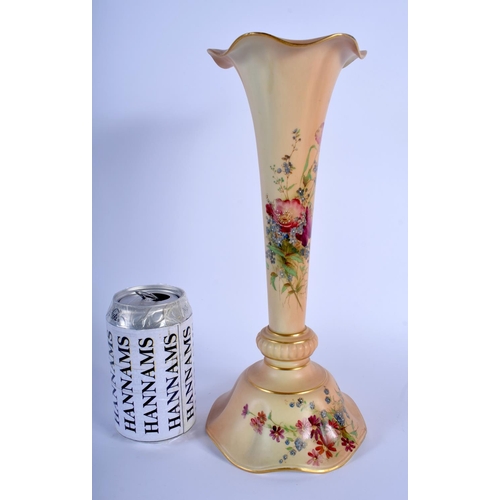 70 - A LARGE ANTIQUE ROYAL WORCESTER BLUSH IVORY TRUMPET SHAPED VASE painted with flowers. 30 cm high.