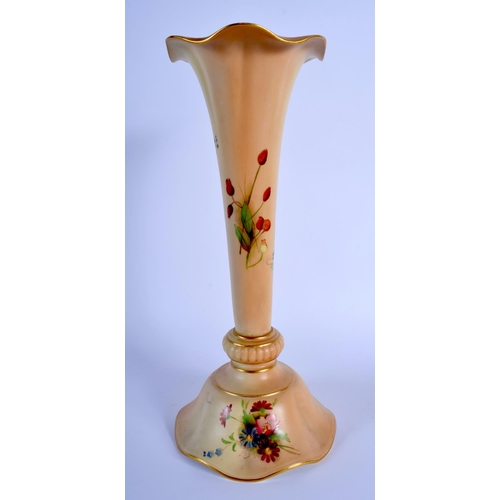 70 - A LARGE ANTIQUE ROYAL WORCESTER BLUSH IVORY TRUMPET SHAPED VASE painted with flowers. 30 cm high.