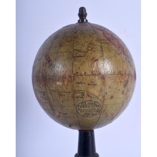 716 - A RARE 19TH CENTURY MAISON FOREST GLOBE TERRESTRE upon an ebonised base. 16 cm x 7 cm.