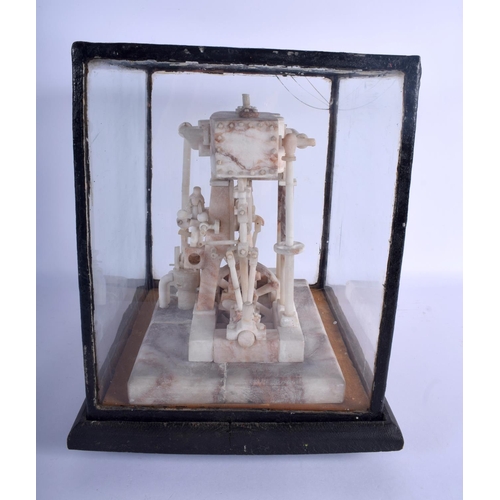 724 - A 19TH CENTURY CONTINENTAL CARVED ALABASTER MODEL OF A BEAM ENGINE within an ebonised case. Engine 2... 