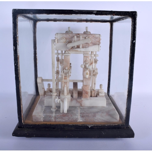 724 - A 19TH CENTURY CONTINENTAL CARVED ALABASTER MODEL OF A BEAM ENGINE within an ebonised case. Engine 2... 