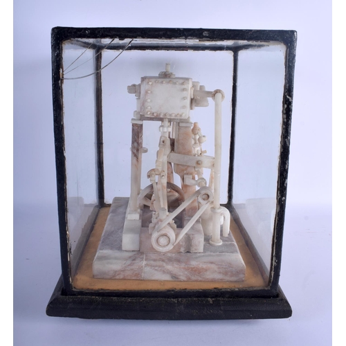 724 - A 19TH CENTURY CONTINENTAL CARVED ALABASTER MODEL OF A BEAM ENGINE within an ebonised case. Engine 2... 