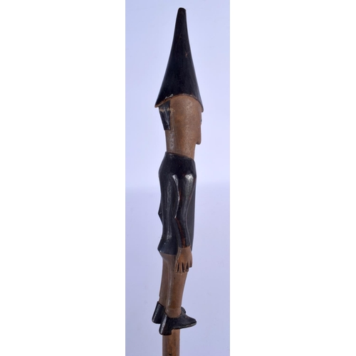 727 - AN ANTIQUE FOLK ART CARVED WOOD FIGURAL STAFF possibly tribal. 88 cm long.