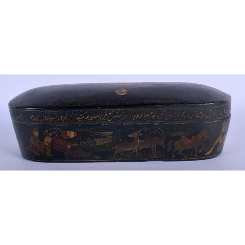 729 - A LARGE 19TH CENTURY PERSIAN QAJAR LACQUERED PEN BOX painted with figures and horses in landscapes. ... 