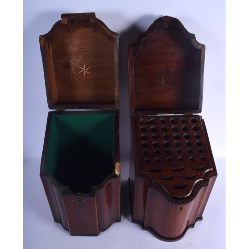 743 - TWO GEORGE III MAHOGANY KNIFE BOXES. Largest 38 cm x 22 cm. (2)