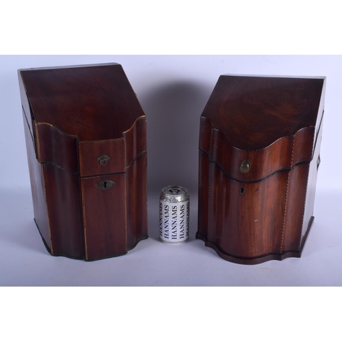 743 - TWO GEORGE III MAHOGANY KNIFE BOXES. Largest 38 cm x 22 cm. (2)