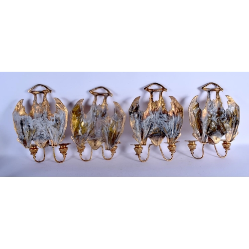 744 - A RARE SET OF FOUR CONTEMPORARY GILT BRONZE BAT WALL SCONCES modelled holding branches in its mouth.... 