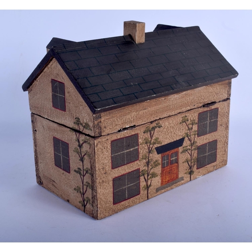 745 - A CONTEMPORARY PAINTED WOOD FOLK ART BOX in the form of a house. 25 cm x 25 cm.