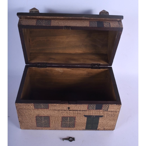 745 - A CONTEMPORARY PAINTED WOOD FOLK ART BOX in the form of a house. 25 cm x 25 cm.