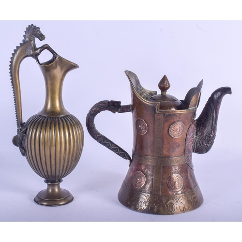 758 - A 19TH CENTURY INDIAN GRAND TOUR TYPE BRONZE JUG together with a Tibetan Monks Cap style mixed metal... 