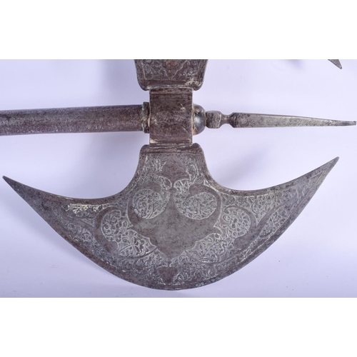 763 - A VINTAGE OTTOMAN MUGHAL ISLAMIC DOUBLE CRESCENT AXE SHAMSHIR KILIJ decorated with floral motifs and... 