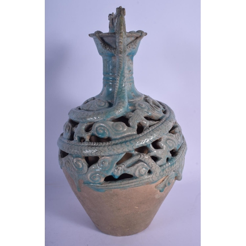 764 - A RARE 12TH/13TH CENTURY PERSIAN TURQUOISE GLAZED POTTERY AMPHORA VASE modelled after a Chinese Tang... 