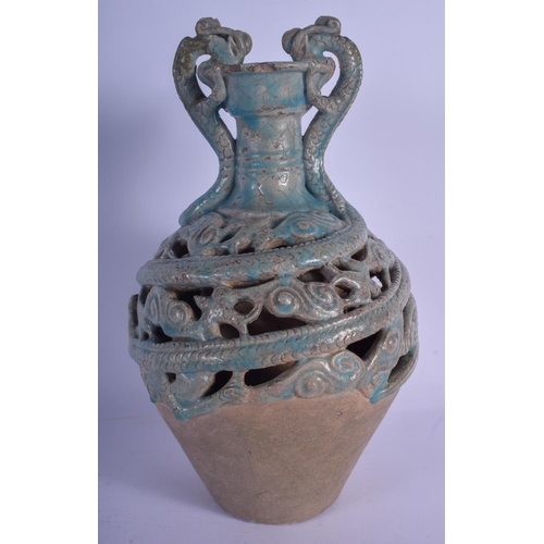 764 - A RARE 12TH/13TH CENTURY PERSIAN TURQUOISE GLAZED POTTERY AMPHORA VASE modelled after a Chinese Tang... 