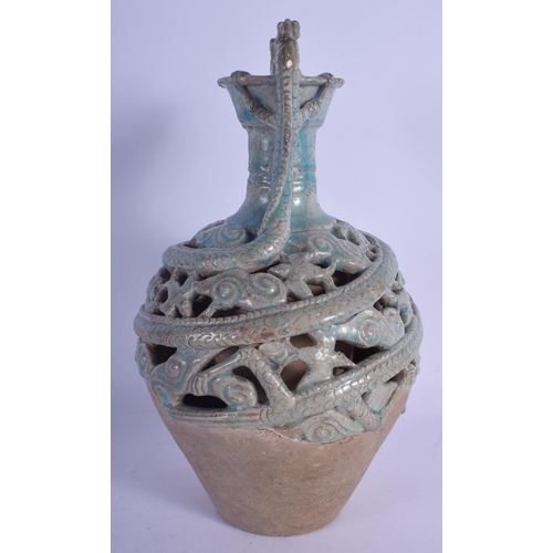 764 - A RARE 12TH/13TH CENTURY PERSIAN TURQUOISE GLAZED POTTERY AMPHORA VASE modelled after a Chinese Tang... 