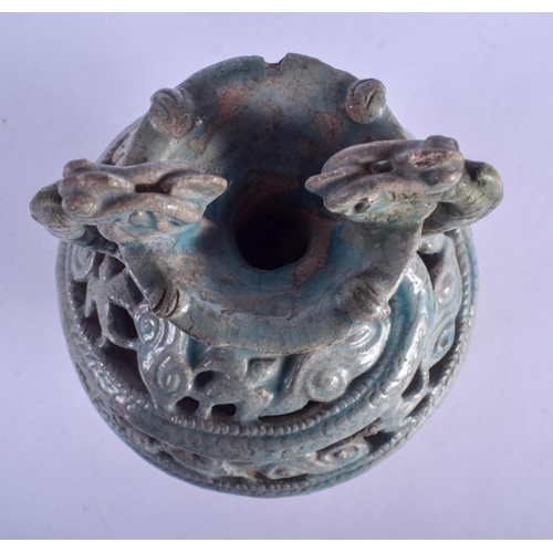 764 - A RARE 12TH/13TH CENTURY PERSIAN TURQUOISE GLAZED POTTERY AMPHORA VASE modelled after a Chinese Tang... 