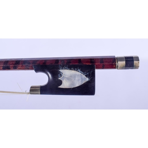 767 - A VINTAGE VIOLIN BOW the case and accessories marked Rushworth & Dreaper, with snakewood bow stamped... 