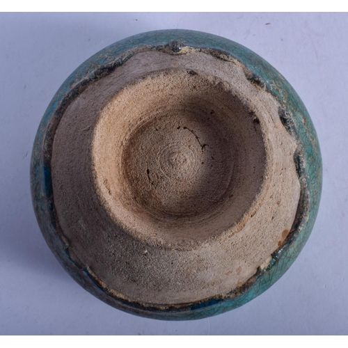 795 - A 19TH CENTURY PERSIAN TURQUOISE GLAZED KASHAN POTTERY BOWL. 13 cm x 9 cm.