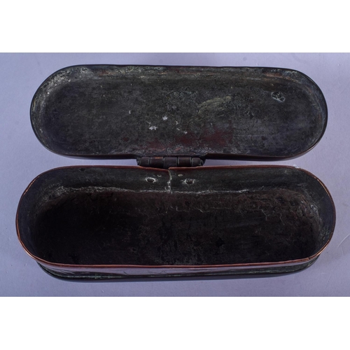 838 - AN EARLY 18TH CENTURY EUROPEAN OVAL FORMED BRONZE TOBACCO BOX decorated in a naive manner with engra... 