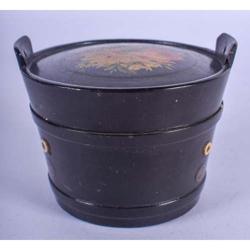 839 - A CHARMING PAPIER MACHE TWIN HANDLED LACQUER STRING BOX Clark & Co. 7 cm x 5 cm.