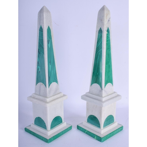 842 - A LARGE PAIR OF CONTEMPORARY INDIAN MALACHITE OBELISKS. 42 cm high.