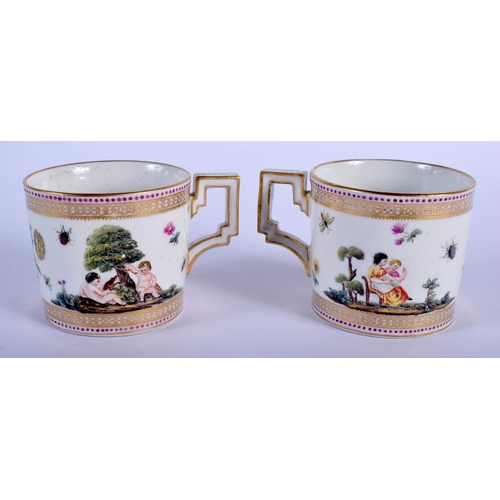 85 - A RARE PAIR OF 18TH CENTURY MEISSEN MARCOLINI PERIOD PORCELAIN CUPS AND SAUCERS unusually decorated ... 