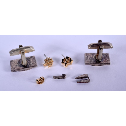 855 - A PAIR OF YELLOW METAL EARRINGS together with a pair of silver cufflinks. Yellow 1.6 grams. (4)