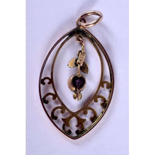 856 - AN EDWARDIAN 9CT GOLD AMETHYST AND PEARL PENDANT. 1.5 grams. 3.5 cm x 2 cm.