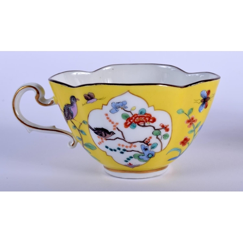 88 - A 19TH CENTURY MEISSEN PORCELAIN LOBED CUP AND SAUCER painted with birds and kakiemon type floral pa... 