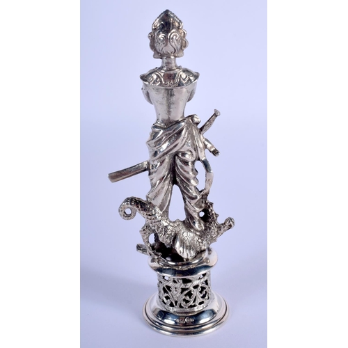 880 - A RARE CONTINENTAL SILVER FIGURE OF A STANDING CHINESE WARRIOR. 131 grams. 13 cm high.