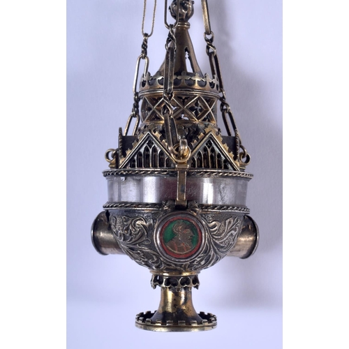 886 - A VERY FINE 18TH CENTURY EUROPEAN SILVER ROCK CRYSTAL RELIQUARY with painted enamelled portrait. 104... 