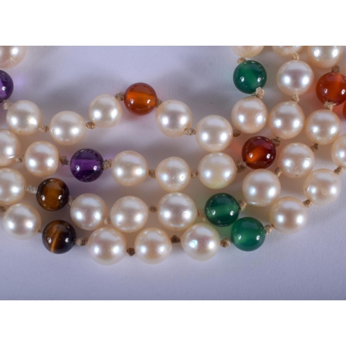 890 - A RARE CULTURED PEARL TIGERS EYE AND GEM STONE NECKLACE. 76 cm long.