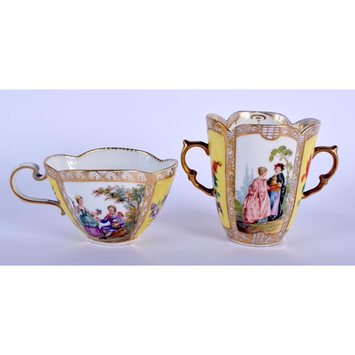 90 - A 19TH CENTURY GERMAN DRESDEN PORCELAIN TWIN HANDLED CUP together with a similar Helena Wolfson styl... 